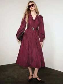 Aveloria Modichic French Elegant Vintage Commuter Burgundy Vertical Striped Blazer Collar Asymmetric Metal Buckle Belt Lantern Sleeve Long Sleeve Dress - Burgundy - View 4