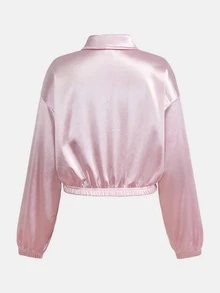 SHEIN 青少年女孩秋冬粉色緞面優雅休閒復古青蛙鈕扣前開方領寬鬆夾克 - 粉色 - 查看 2