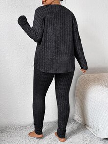 SHEIN Frenchy Ladies Fall Outfits Back To School Workout Set Simple Minimalist Tight Texture Leggings And Long Sleeve Top Set Women Plus Two Pieces Set - Dark Grey - View 2