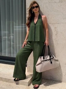 Firerie 女款拼色掛脖上衣與長褲休閒日常兩件套 - 軍綠色 - 查看 6