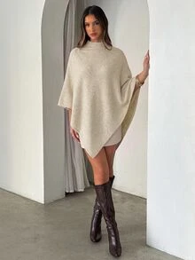 Aloruh 女款秋冬新款披肩式開襟毛衣，卡其色，寬鬆版型，百搭外套，優雅針織衫，適合通勤、日常、休閒、外出、居家保暖穿著 - 杏色 - 查看 8