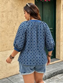 Linhara Fashionable Casual Vacation Vintage Elegant Commute 3/4 Sleeve Blue Printed Blouse - Blue - View 2
