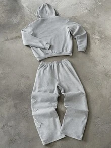 PAVTROS Men's Patchwork Embroidered Long Sleeve Hoodie And Drawstring Waist Pants Set - Grey - View 2