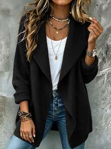 SHEIN Waterfall Collar Drop Shoulder Cardigan - Black - View 1