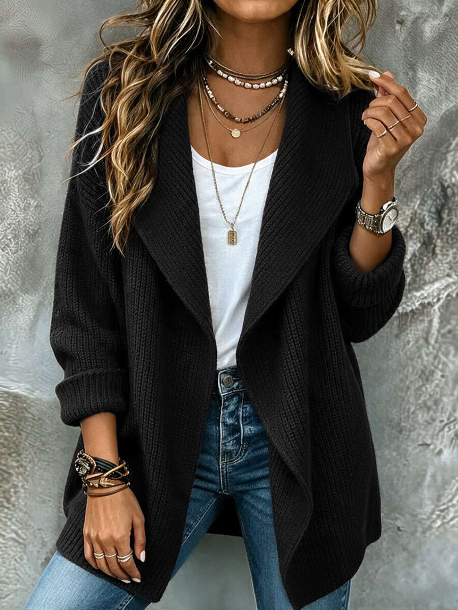 SHEIN Waterfall Collar Drop Shoulder Cardigan - Black - View 1