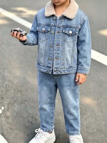 Boys INS Style Washed Blue Denim 2pcs Set, Korean Fashion Lamb Fleece Lapel Jacket With Elastic Waist Long Pants Outfit - Light Wash - View 3