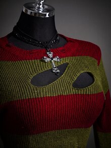 SHEIN ICON Fall Women's Autumn Halloween Red And Black Goth Devil Girl Fashion Colorblock Striped Distressed Sweater - Multicolor - View 6
