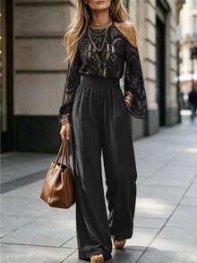 EMERY ROSE Jumpsuit Kasual Wanita dengan Motif Patchwork Renda untuk Pemakaian Sehari-hari - Hitam - View 5