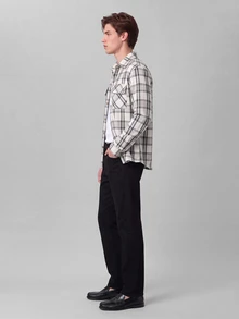 Colvenic 男士格紋長袖單排扣休閒工裝口袋襯衫外套 - 黑與白 - 查看 5
