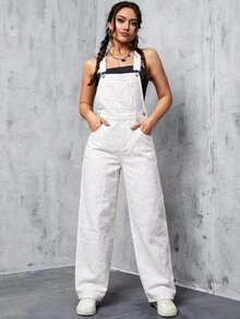 SHEIN EZwear 女款休閒牛仔連身褲，附口袋，適合日常穿著 - 白色 - 查看 5