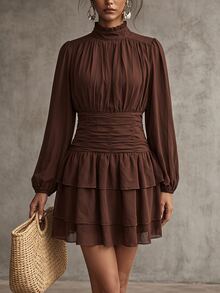 SHEIN PariChic Women's Solid Color Pleated Casual Daily Summer Short Dress - Coffee - View 6