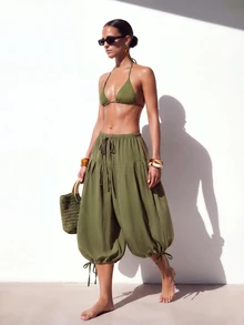 Zivah Women's Beach Vacation Cover-Up Drawstring Ruched 3/4 Lantern Pants For Beach Party - Army Green - View 1