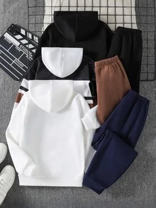 SHEIN 6件組買3送3兒童青少年男孩休閒百搭條紋拼接連帽衛衣與慢跑褲套裝，抓絨內裡加厚，適合秋冬、學校、家庭聚會、開學季、運動，秋季穿搭，冬季穿搭 - 彩色 - 查看 3