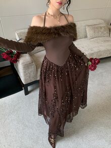 Feyla New Design Off-Shoulder Luxury Heavy Beaded Fur Collar Patchwork Elegant Evening Dress - Brown - View 6