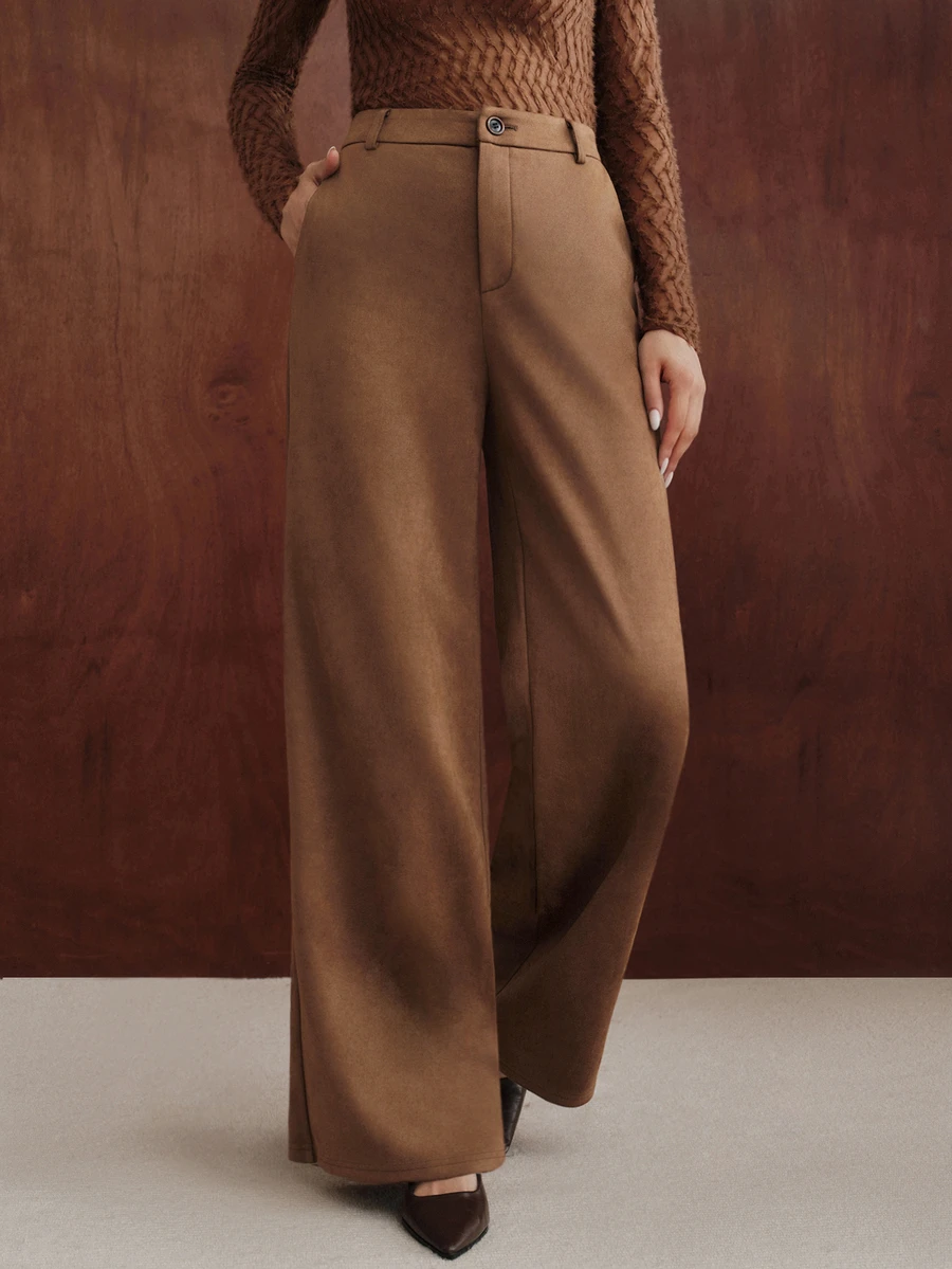 Anewsta American Retro High Waist Faux Suede Straight Leg Wide Leg Pants, Soft Velvet Drape Versatile Casual Long Pants For Autumn/Winter - Mocha Brown - View 1