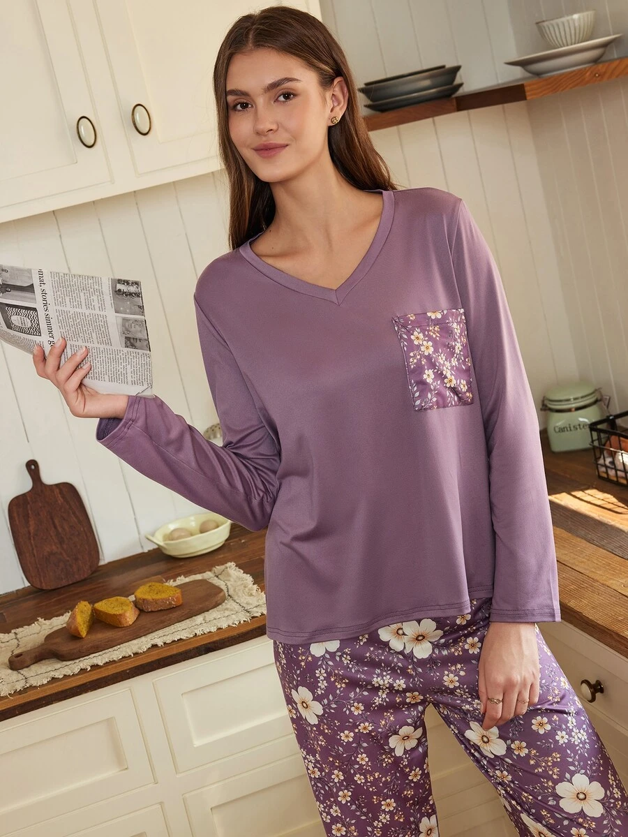 Doze Lane Comfortable V-Neck Printed Pocket Long Sleeve Pajama Set, Casual Home 2 Pieces Set - Purple - View 1