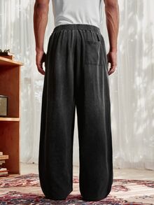 SWAVVY Men's Casual Loose Long Pants, Spring/Autumn/Summer, Standard Size, Embroidered Black Snow Wash - Black - View 5