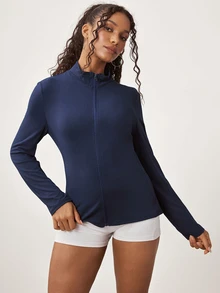 SHEIN Core Rhythm جاكيت رياضي نسائي بلون موحد مع سحاب كاجوال متعدد الاستخدامات بأكمام طويلة - أزرق بحري - مشاهدة 3
