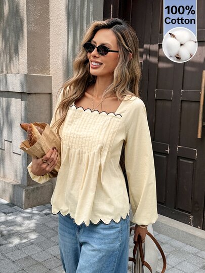 SHEIN Frenchy Women's 100% Cotton Square Neck Blouse, Puff Long Sleeve Pleated Ruffle Trim Blouse, Elegant Social Blouse For Casual Daily Wear Fall