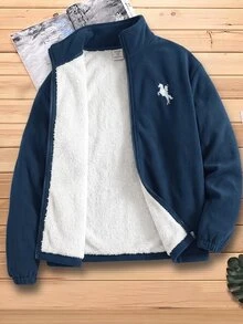 SHEIN 兒童青少年男孩可愛秋冬抓絨立領夾克，深藍色，適合室內、戶外、日常、運動、玩耍、派對、攝影、度假、節日、嘉年華 - 藏蓝色 - 查看 1