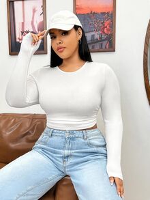 Solflare White Plus Size Women's Cropped Fitted Long Sleeve T-Shirt, Autumn/Winter - White - View 4