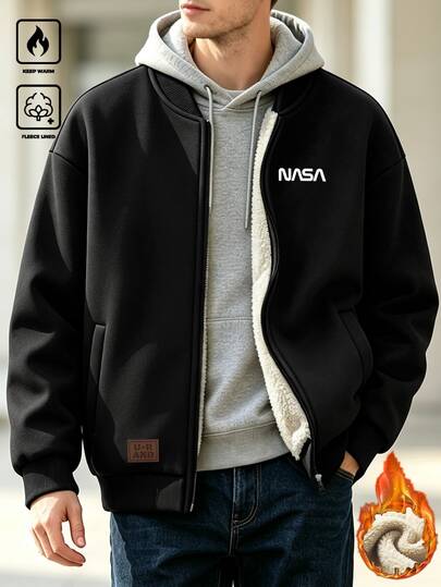 EGENSIO Men's Winter Thermal Lined Thick Print Zipper Jacket, Studded Baseball Jacket