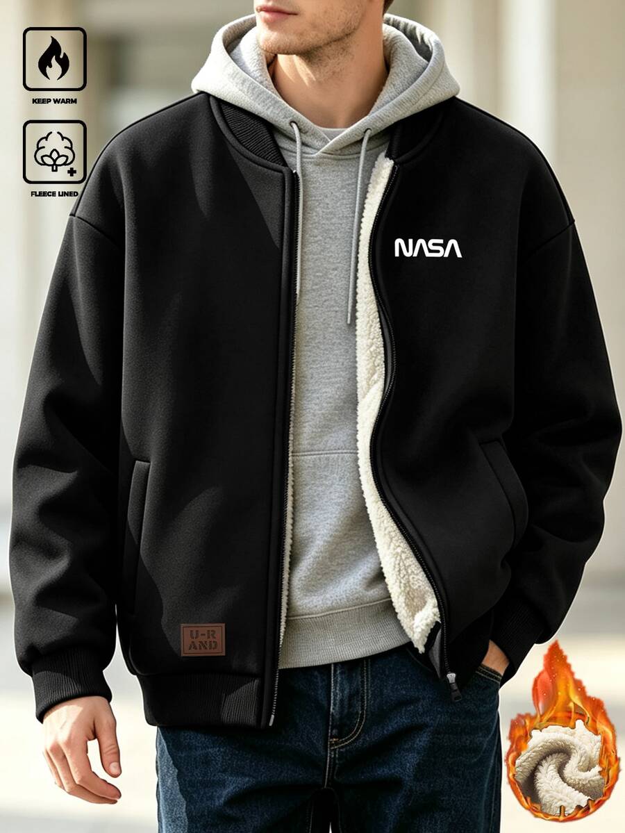EGENSIO Men's Winter Thermal Lined Thick Print Zipper Jacket, Studded Baseball Jacket - Black - View 1