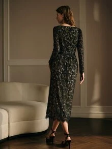 MOTF WOMEN'S SWEETHEART NECKLINE LONG SLEEVE ELEGANT LACE MIDI DRESS - Black - View 3