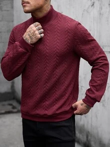 Manfinity CasualCool Men's Textured Stand Collar Long Sleeve Casual Pullover Sweatshirt - Burgundy - View 5
