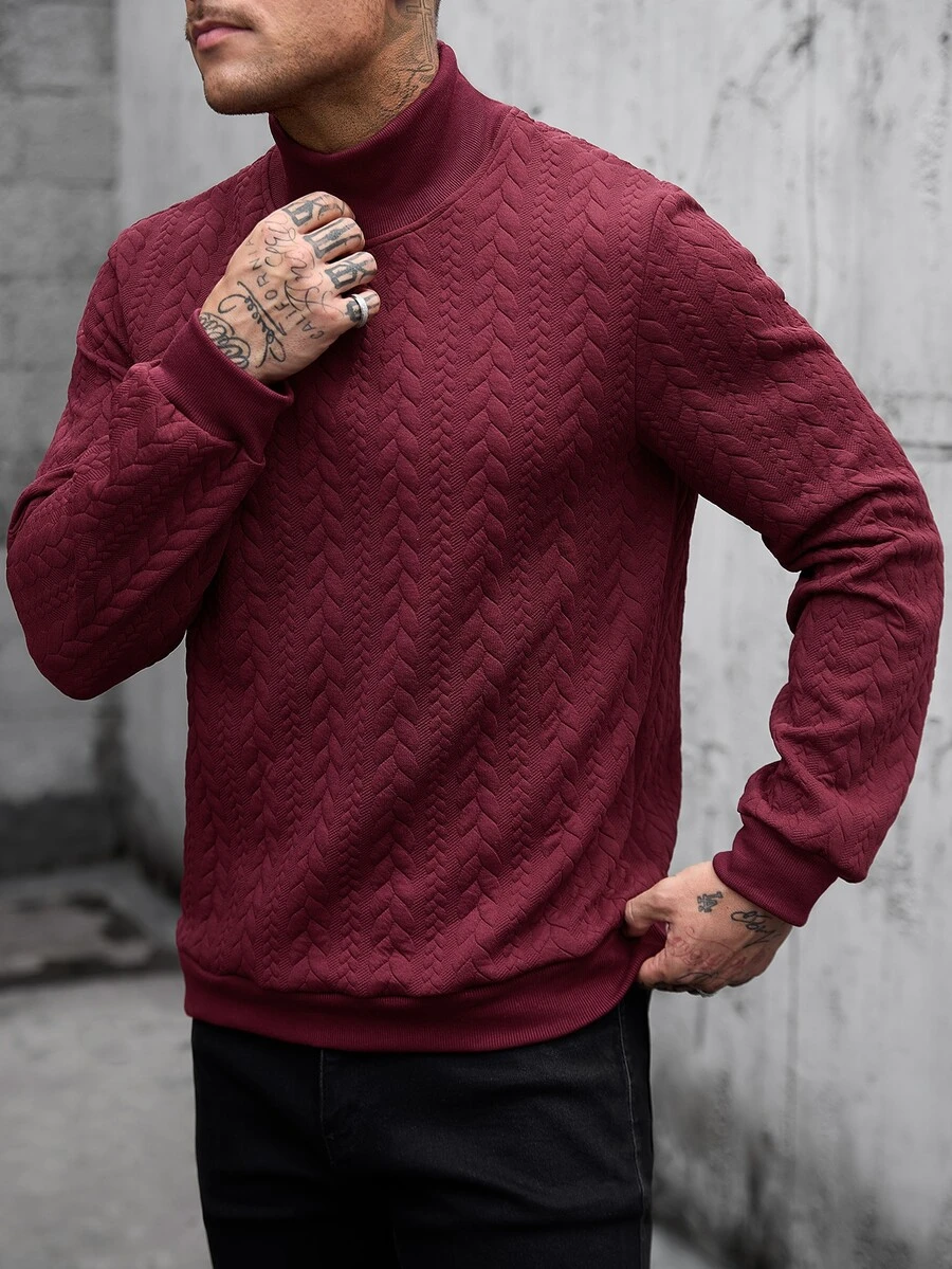 Manfinity CasualCool Men's Textured Stand Collar Long Sleeve Casual Pullover Sweatshirt - Burgundy - View 1