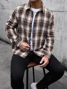 Manfinity CasualCool 男士格紋長袖單排扣休閒街頭風襯衫，感恩節度假外出秋季穿搭 - 彩色 - 查看 3