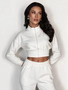 Glamine Stand Collar Zipper Short Jacket + High Waist Elastic Waist Pressed Line Wide Leg Sweatpants Solid Color 2 Pieces Sports Set - White - View 7