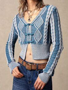 Bohemela Fall/Winter,Women's Washed V-Neck Long Sleeve Mixed Blue Wool Twisted Rope Chinese Knot Knit Cardigan,Twist Special Dye Technique,Frog Toggle Button - Blue and White - View 6