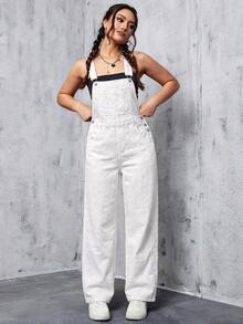 SHEIN EZwear 女款休閒牛仔連身褲，附口袋，適合日常穿著 - 白色 - 查看 8