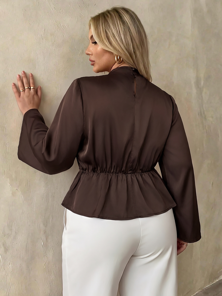 Auralis Waist-Cinching Pleated Slimming Flare Long Sleeve Plus Size Blouse/Elastic Back Waist/Elegant Commute Party - Brown - View 3