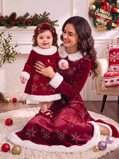 SHEIN Baby Girls Christmas Plush Princess Dress, Red Cute Round Neck Patchwork Plush Fabric A-Line Dress With Bowknot Waist And Snowflake Print