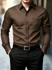 Manfinity Mode Men's Formal Casual Streetwear Versatile Commute Striped Patchwork Long Sleeve Shirt - Brown - View 1