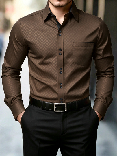 Manfinity Mode Men's Formal Casual Streetwear Versatile Commute Striped Patchwork Long Sleeve Shirt