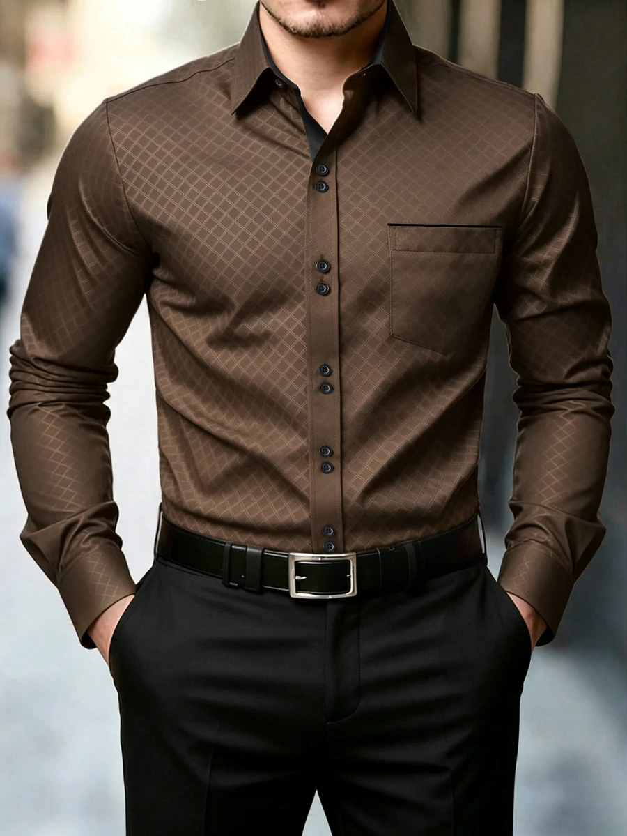 Manfinity Mode Men's Formal Casual Streetwear Versatile Commute Striped Patchwork Long Sleeve Shirt - Brown - View 1