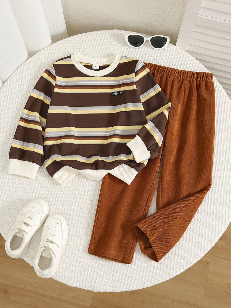 SHEIN 2pcs/Set Kids Young Boy Autumn/Winter Casual Striped Sweatshirt And Casual Long Pants, Striped Sweatshirt Set, Boys Outfit - Multicolor - View 3