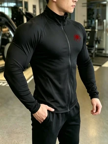 GymBeat Men's Spider Pattern Zipper Casual Daily Long Sleeve Sports Jacket Fall - Black - View 3