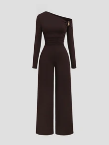 Sweetra New Autumn/Winter Fashion Elegant Sexy Cold Shoulder Long Sleeve Slim Fit Flattering Y2K Design Decor Metal Buckle Minimalist Daily Date Commute Versatile Jumpsuit - Coffee Brown - View 4