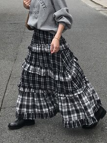 FRIFUL Women's Plaid Pleated Casual Versatile Daily Wear Skirt - Grey - View 3