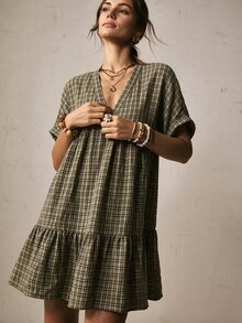 Freevana 格紋蝙蝠袖荷葉邊下擺寬鬆洋裝，海灘度假洋裝，度假波希米亞風鄉村風休閒，夏季藍色格紋洋裝 - 黑色 - 查看 6