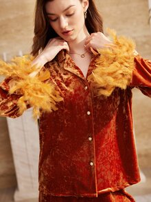 Moireta طقم بيجامة نسائي أنيق بتصميم رقعات وريش على الأكمام، ملابس علوية بأزرار أمامية وأكمام طويلة مع بنطال - البرتقالي مرهق - مشاهدة 5
