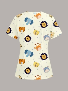 PopScrub Fun Animal Meeting Lion Tiger Elephant Cow Deer Star Pattern Women's Scrub Uniform Top - Multicolor - View 2