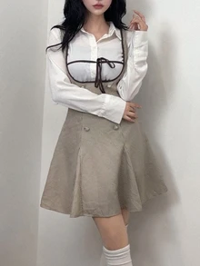 FRIFUL Women's Low-Cut Double-Row Denim Design Casual Suspenders Short Dress - Khaki - View 3