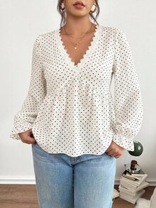 SHEIN Frenchy Plus Size Women's Contrast Lace V-Neck Polka Dot Pattern Long Sleeve Fashion Blouse - Apricot - View 4