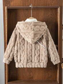 Elladie kids YOUNG GIRLS 棕色粗針織抓絨拉鍊連帽外套夾克，附毛絨斜背小包 2 件套長袖上衣，秋季服飾，毛絨加厚 - 卡其色 - 查看 2