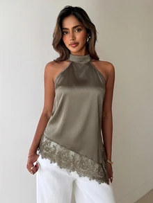 Aloruh Women's Sexy Lace Patchwork Asymmetrical Hem Blouse - Mocha Brown - View 4